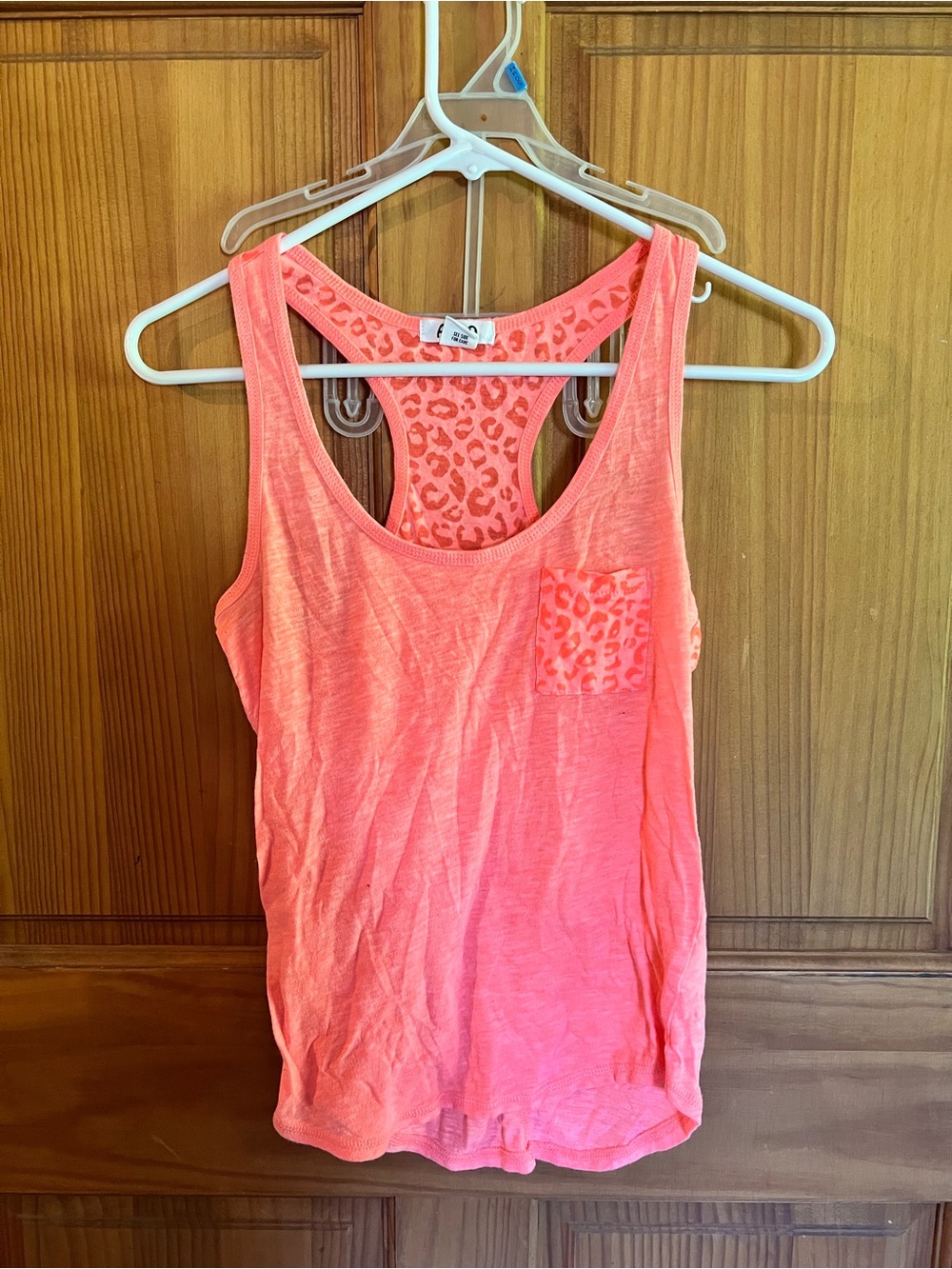 Neon Coral Racerback Tank with Leopard Accent Pocket